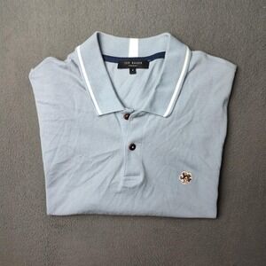 Ted Baker Polo Shirt Mens Large Blue Pique Short Sleeve Embroidered Floral Logo